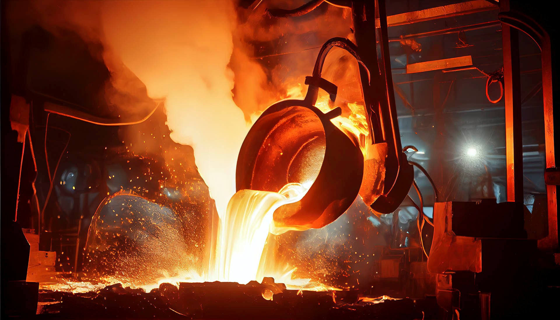 Molten metal being poured in an industrial foundry